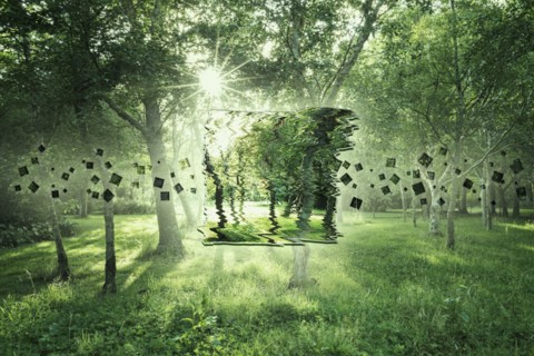 Pixelated image of trees in sunny forest
