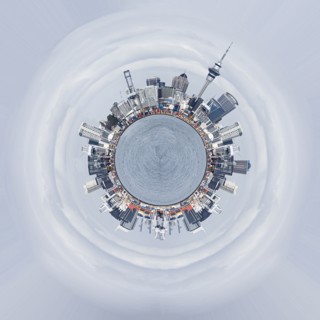 Cross section view of cityscape around globe