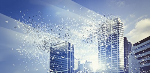 Light beaming from exploding modern highrises