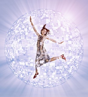 Mixed Race girl floating in hovering pixel sphere