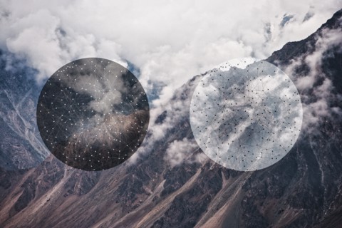 Glitch effect of spheres and mountains