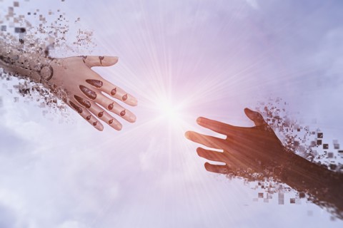 Pixelated robot hands reaching in sky