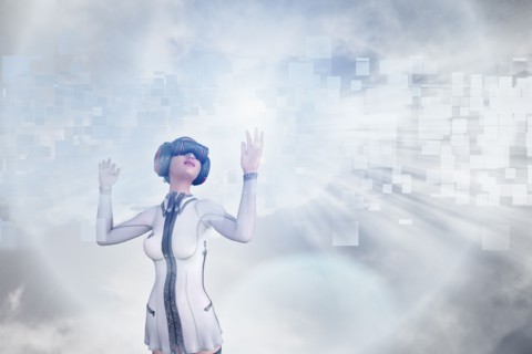 Woman using virtual reality helmet in pixelated sky