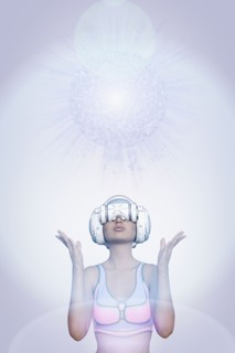 Woman using virtual reality helmet under pixelated sphere