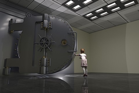 Girl opening vault door