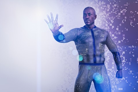 Serious man wearing circuit body suit