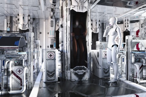 White female cyborg watching person in cylinder