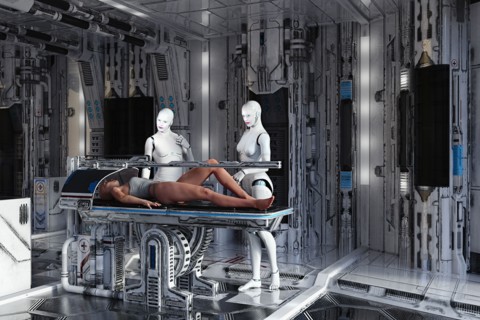White female cyborg examining woman on table