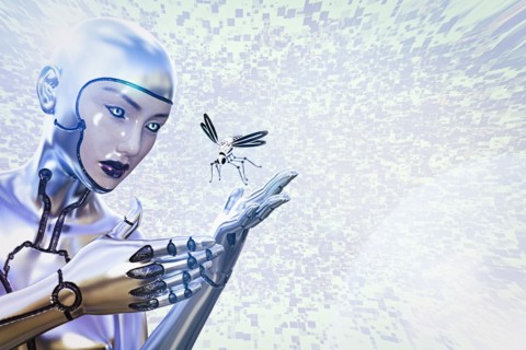 Female cyborg watching flying robot insect