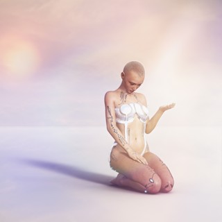 Female cyborg kneeling and praying