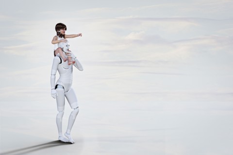 White female cyborg carrying girl on shoulders