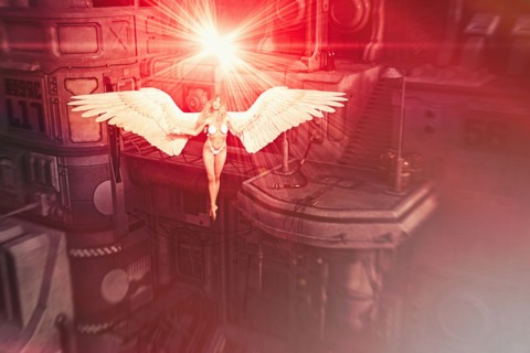 Woman wearing bikini flying with angel wings in industrial space