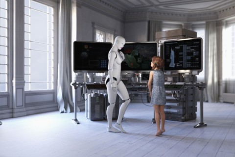 Woman robot and girl standing near computers