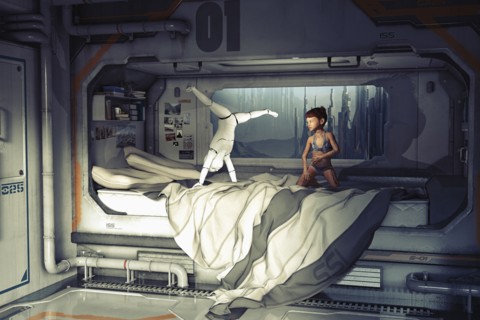 Girl watching robot do handstand on futuristic bed