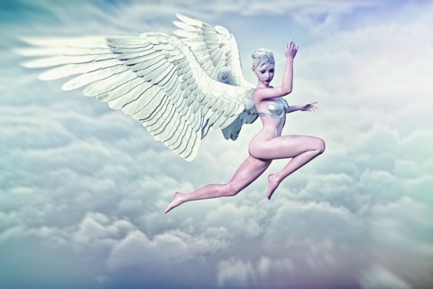 Woman with angel wings flying in clouds