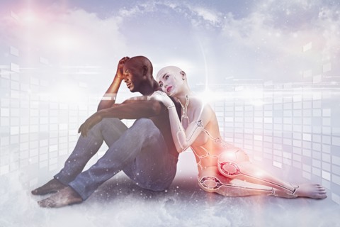 Robot woman comforting man