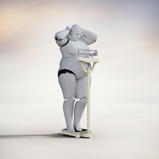 Frustrated robot woman checking weight on scale