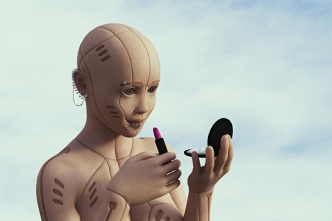 Robot woman with pierced face applying lipstick