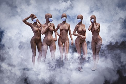 Robot women wearing masks standing in gas