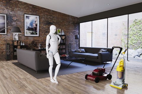 Robot woman deciding between vacuum and lawnmower