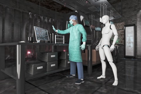Surgeon using computer near robot woman