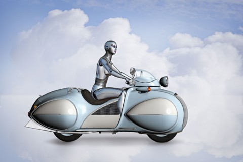 Robot woman riding futuristic motorcycle