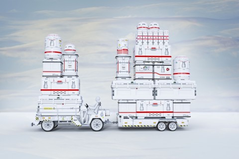 Robot transporting containers with tractor and trailer