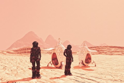 Futuristic space travelers near spaceships