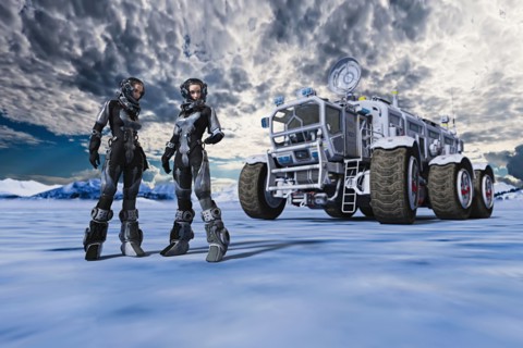 Women astronauts near vehicle