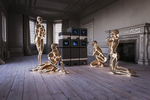 Cyborg women with computers near fireplace