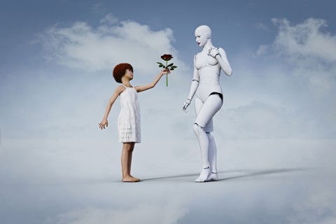 Girl offering flour to woman robot