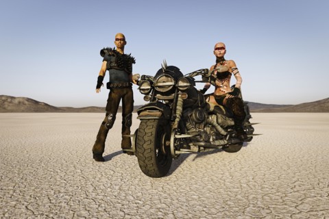 Futuristic road warriors on motorcycle in desert
