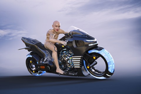 Cyborg woman riding futuristic motorcycle