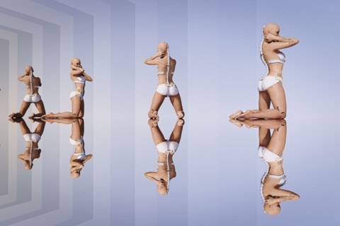 Reflections of kneeling cyborg women