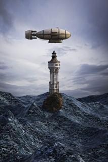 Zeppelin hovering over lighthouse on rock in ocean