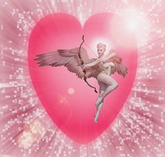 Cupid holding bow and arrow in cyberspace