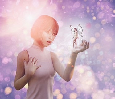 Surprised woman with fairy in hand
