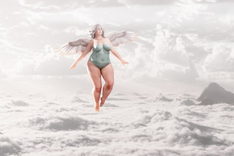 Overweight angel flying in clouds