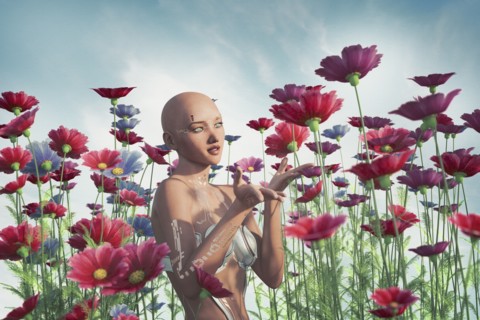 Cyborg woman enjoying flowers