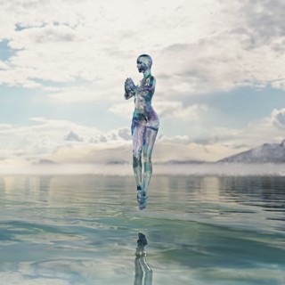 Transparent woman hovering over water