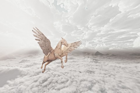 Cracked horse flying in clouds
