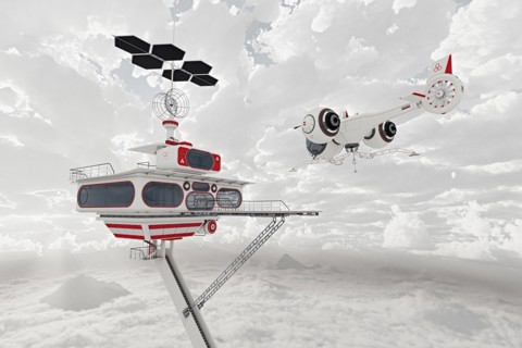Airplane flying near futuristic platform in clouds