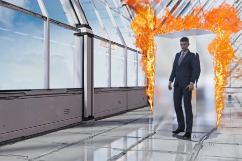 Businessman burning in suspended animation
