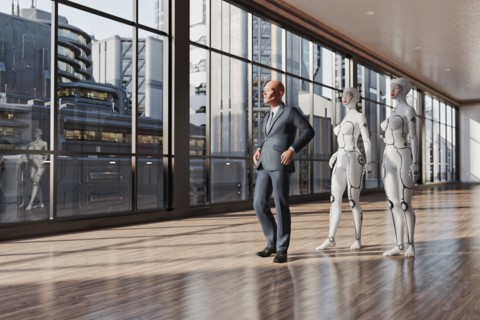 Women cyborgs following businessman