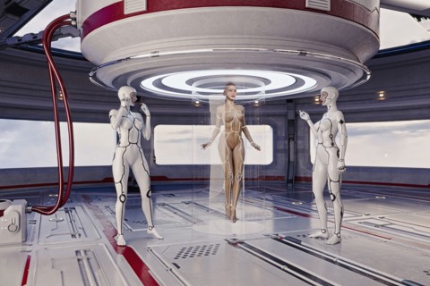 Women cyborgs using transporter