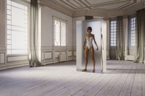 Woman in suspended animation inside room