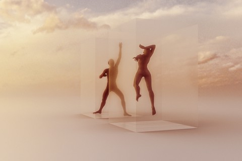 Dancers in suspended animation in clouds