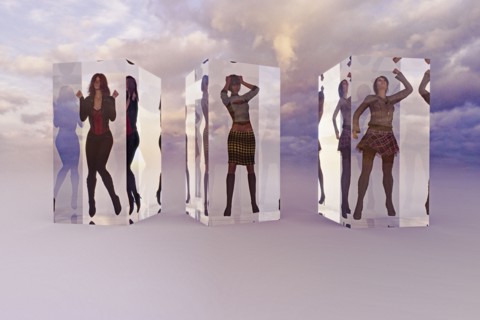 Frustrated women in suspended animation in clouds