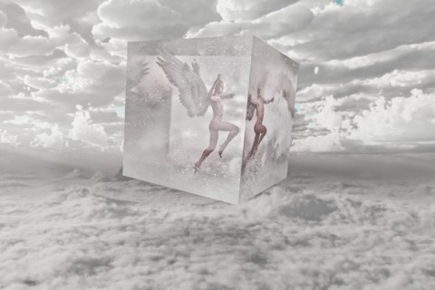 Angel in suspended animation in the clouds