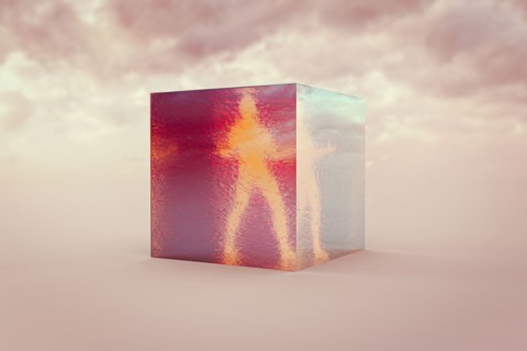 Person in suspended animation in clouds